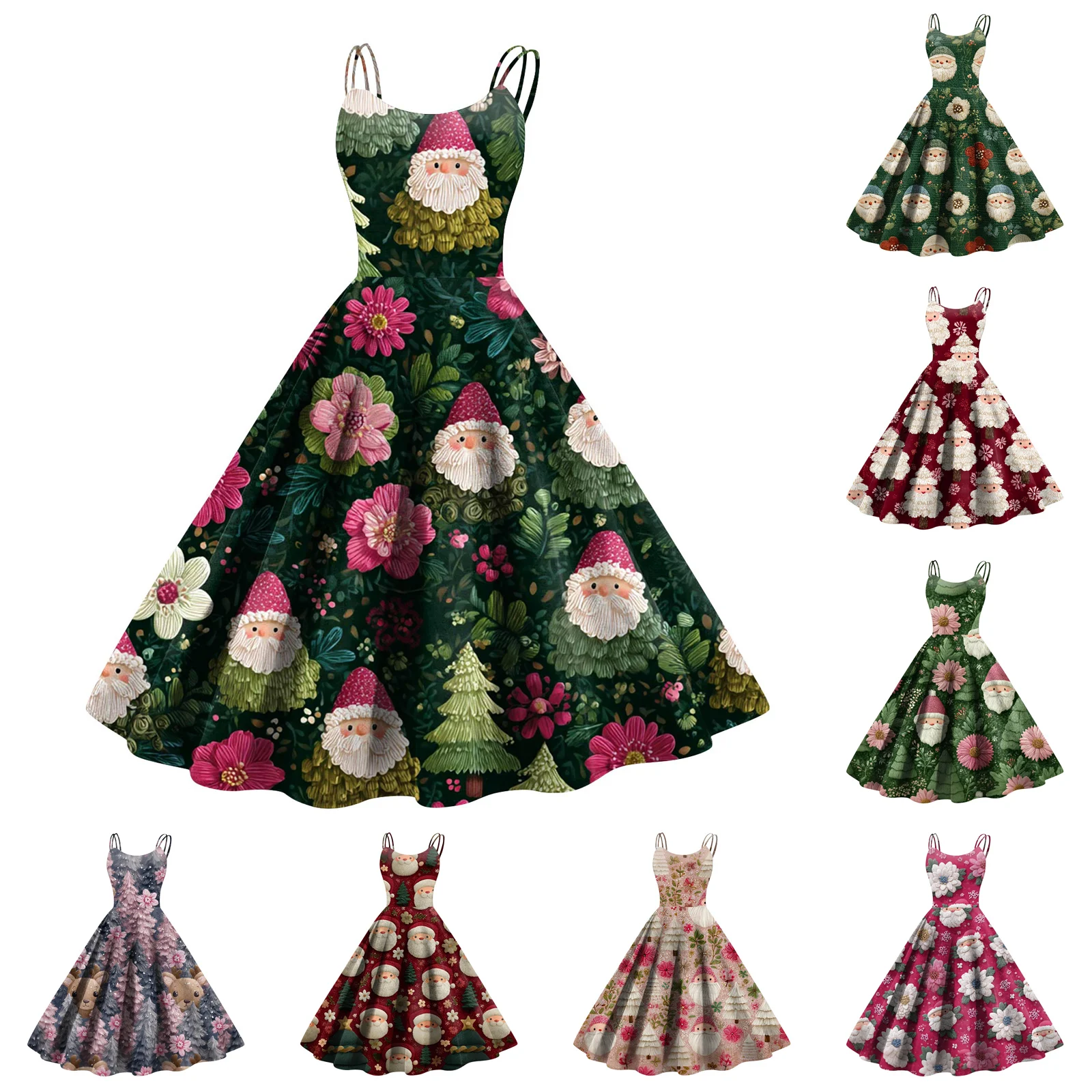 ชุดเดรสกระโปรงคริสต์มาสของผู้หญิงซานตาคลอสพิมพ์ลายกระโปรงสวิงขนาดใหญ่ดีไซน์หวานน่ารักสวมใส่วันหยุดฉากปาร์ตี้ฤดูใบไม้ร่วง