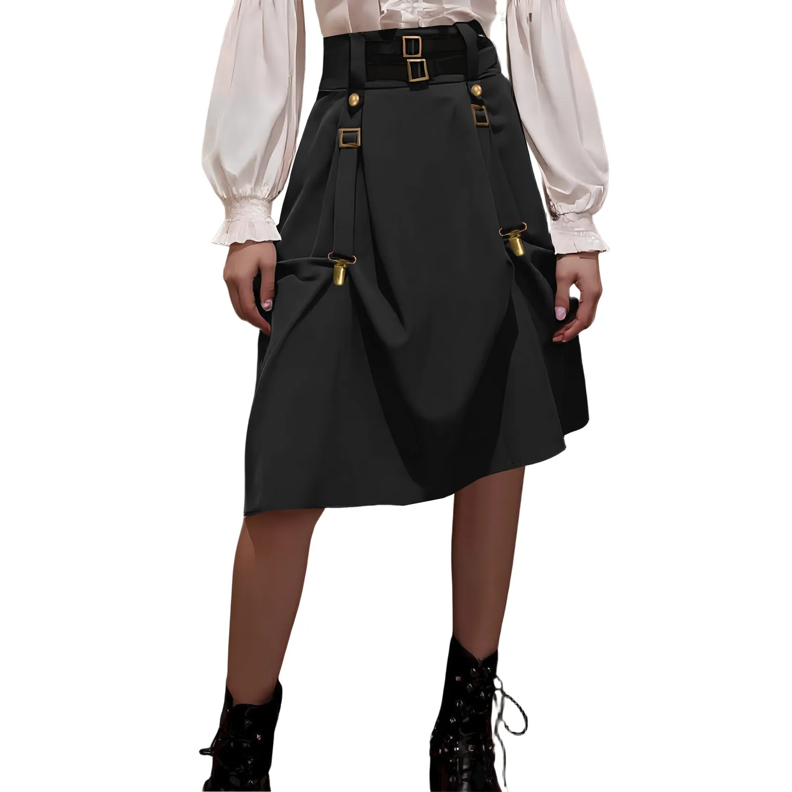 Gonna lunga da donna Gonne medievali vintage con coulisse a vita alta Gonna altalena leggera con volant Gonne a pieghe a strati Halloween