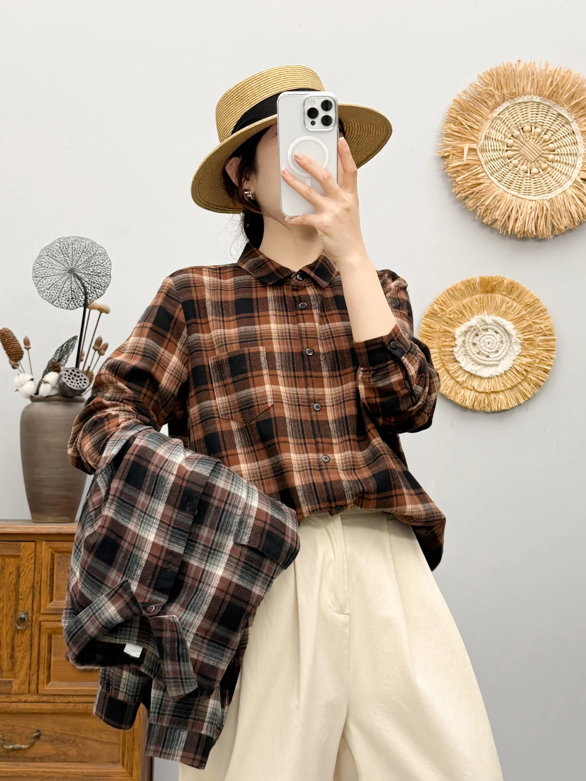 Women's plaid shirt Korean fashion winter long sleeve warm thick brushed cotton coffee check shirts lady tops and blouses