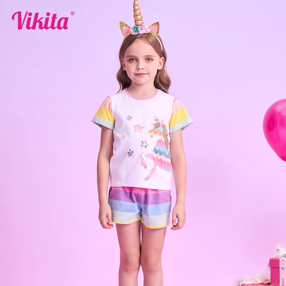 

VIKITA Girls Summer Clothes Sets Kids Unicorn Sequined Appliqued Clothing Suit Kids Striped Cotton T Shirt and Pants 2 Pcs Suit