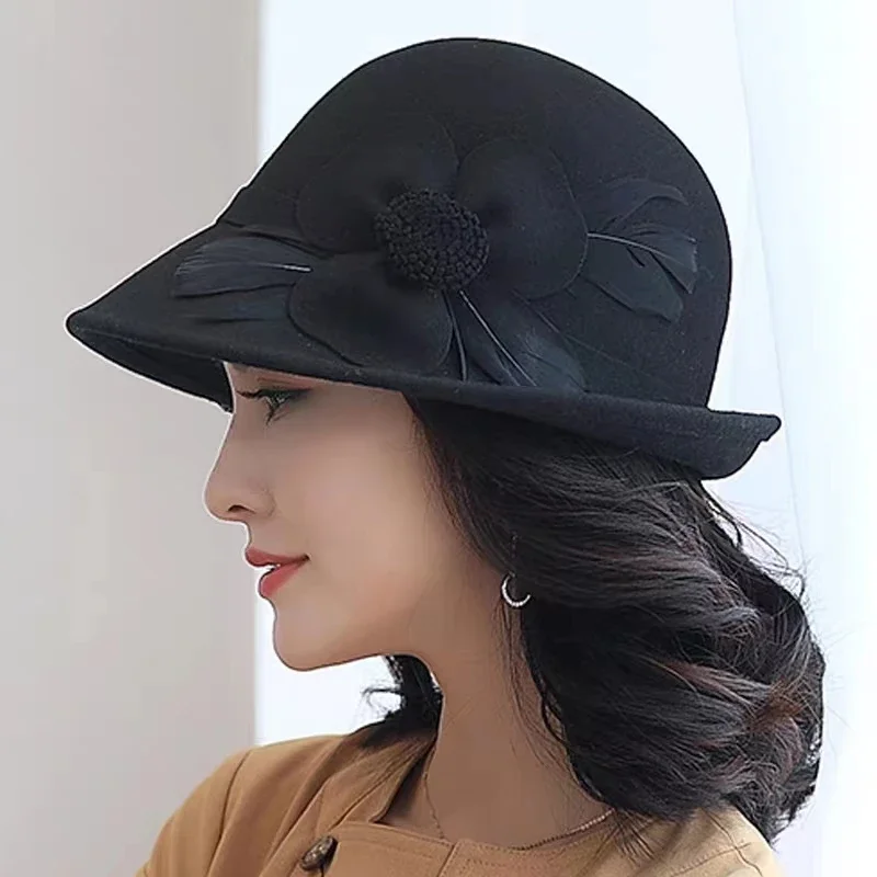 Hepburn Style 100% Australia Wool Woman Flower Cloche Cap Party Lady Felt Fedoras Coil Curling Fashion Retro Church  Formal Hat