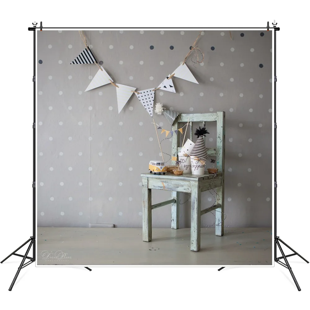 Fondos fotográficos de pared de lunares, decoraciones, banderines, silla de madera, juguetes, signo, Baby Photozone, accesorios