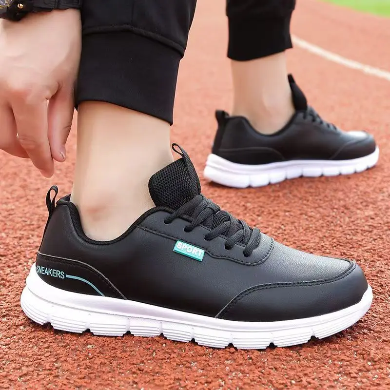 

Men's Spring Autumn Leather Waterproof Running Shoes Lightweight Soft Sole Non Slip Round Toe Lace Up New Casual Sneakers