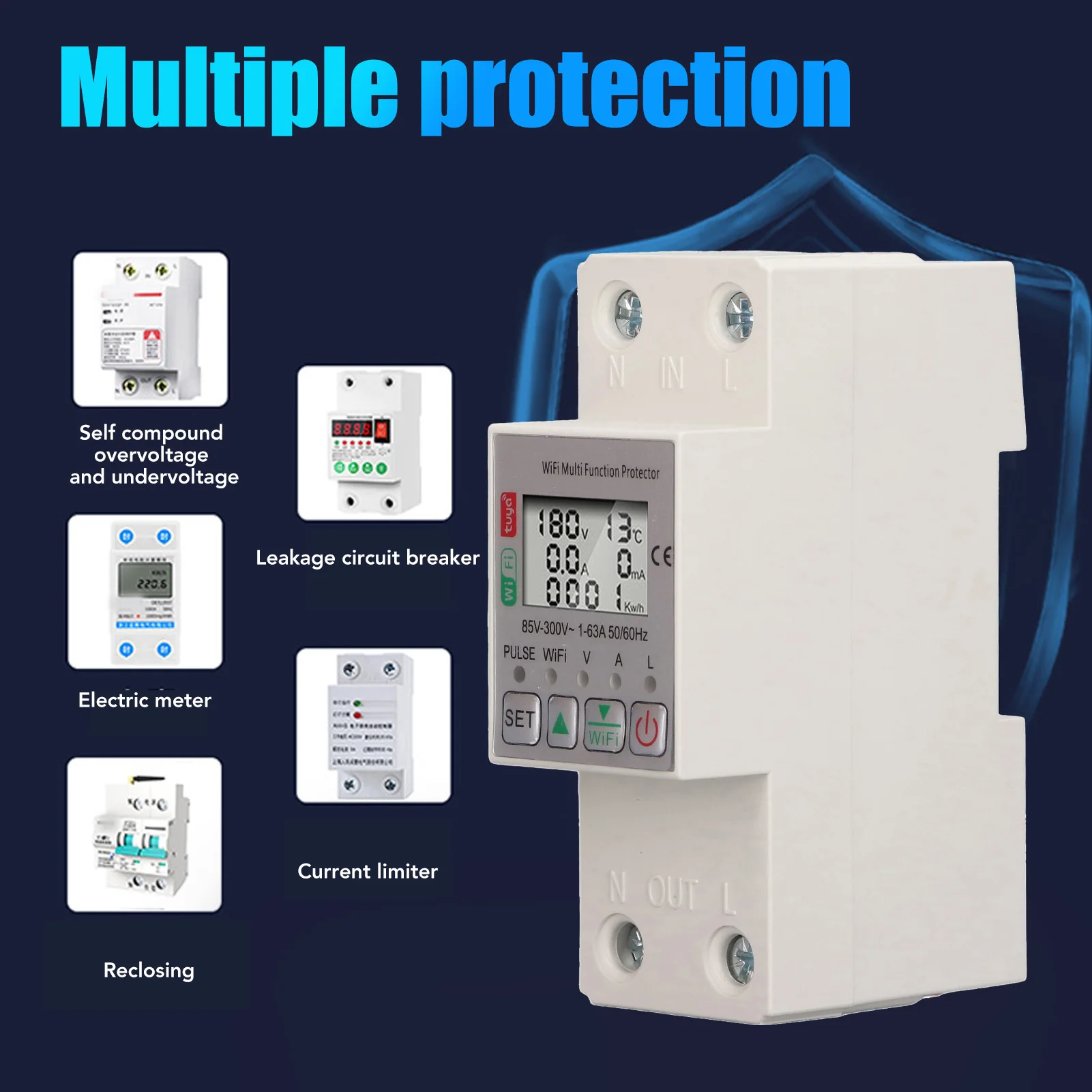 WiFi Smart Energy Meter  AC85‑300V Real Time Display Wifi Smart Circuit Breaker  Multiple Protections 63A for Home
