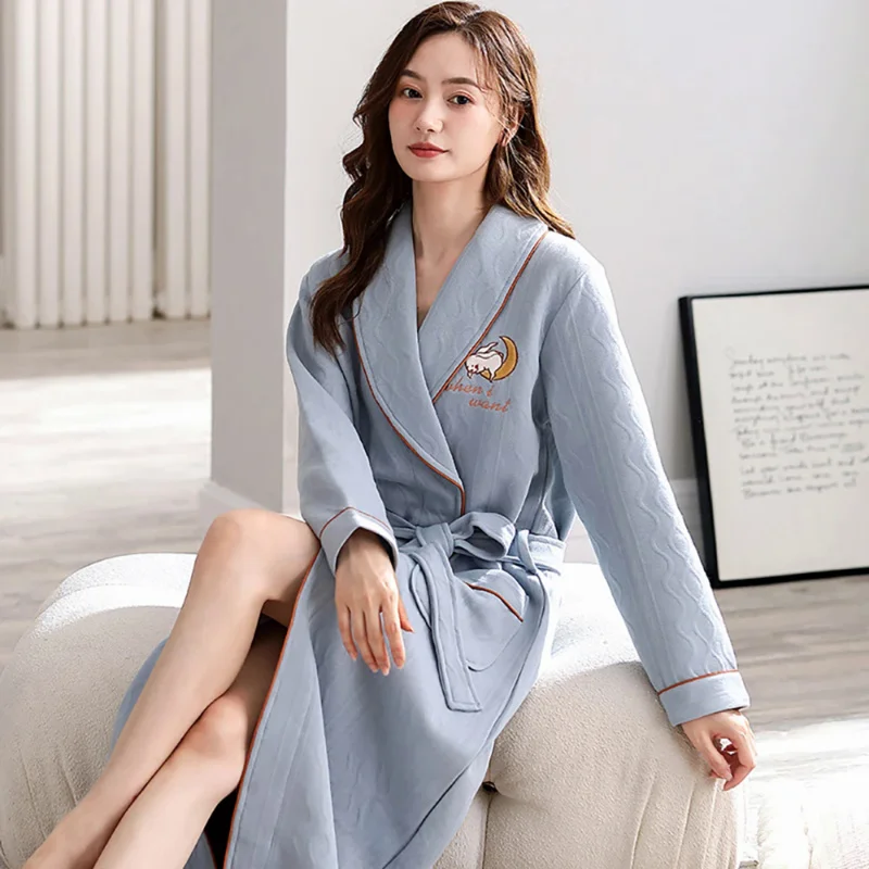 

Autumn Winter Air Cotton Robes for Women High-Grade Thickened Interlayer Night Dress Casual Fashion Embroidery Bathrobe vestidos