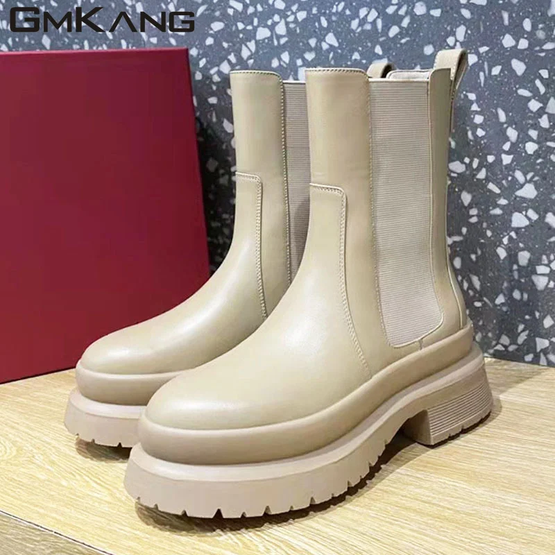 

Thick Sole Chelsea Boots Woman Genuine Leather Motorcycle Boots British Style Shoes Women Flat Platform Short Boots Women