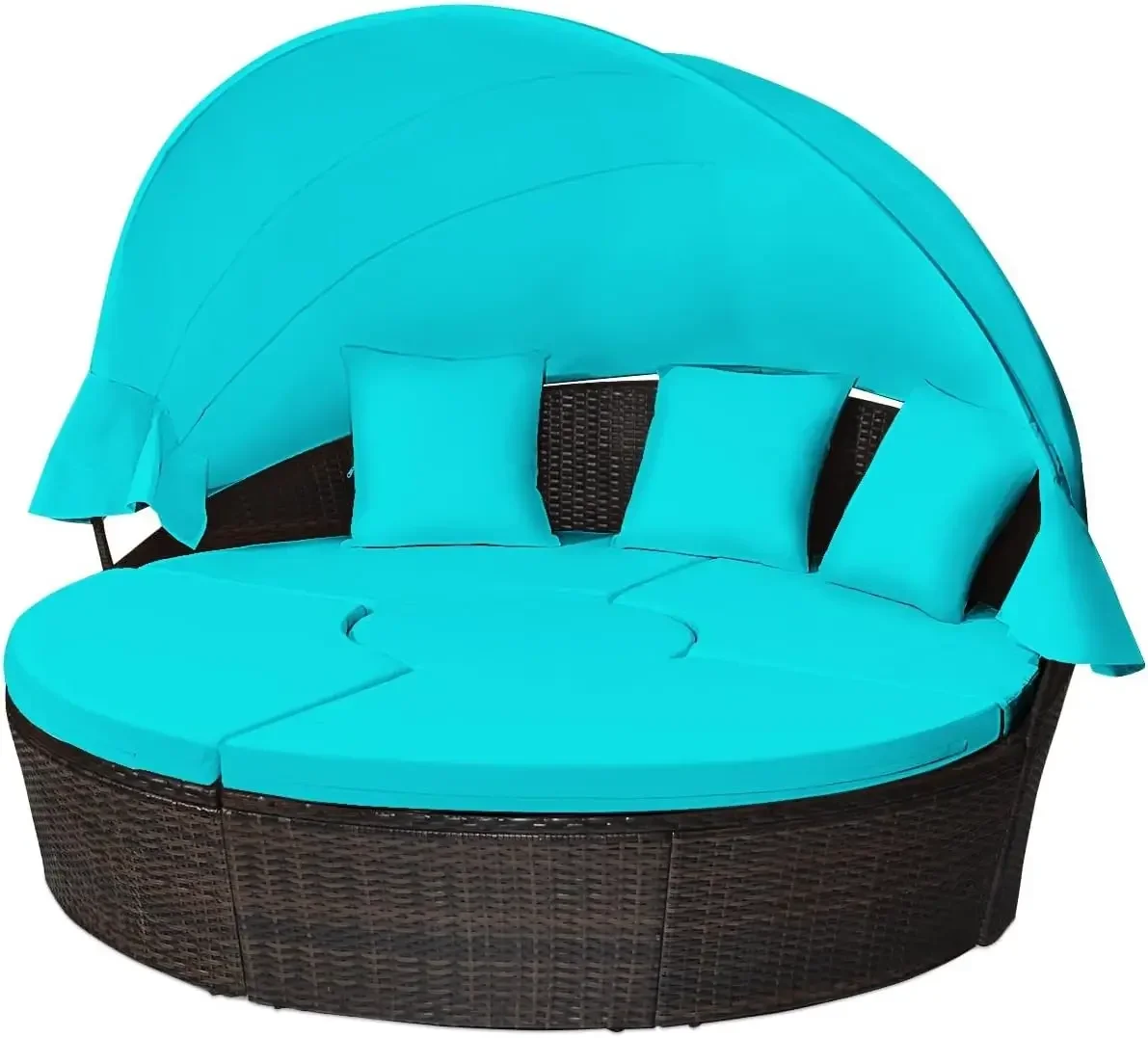 Round Outdoor Daybed with Canopy, Conversation Bed Lounger Separated Seating for Outside Pool, Patio Daybed