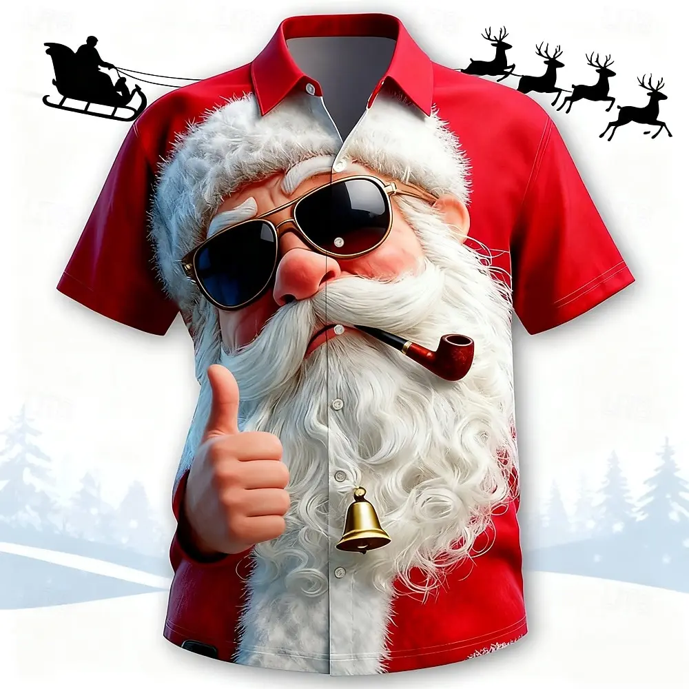 

3D Print Santa Clause Graphic Short Sleeve Shirt Vintage Cool Hip Hop Style Button Lapel Tops Christmas Party Breathable Clothes
