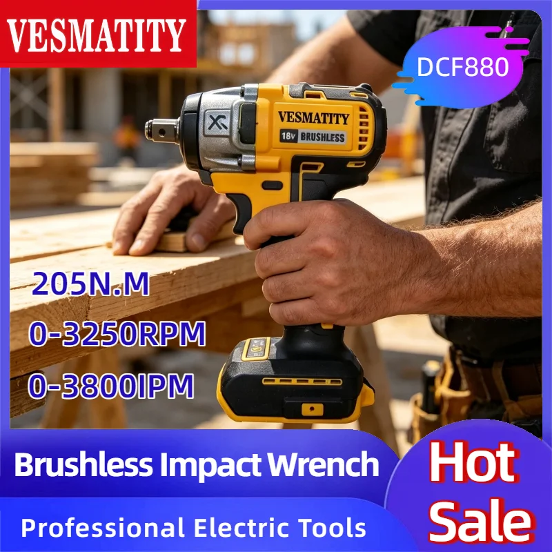 Vesmatity DCF880 3250RPM 3800IPM 205N.m Brushless Cordless Impact Driver Multifunctional Electric Drill for DeWALT Battery