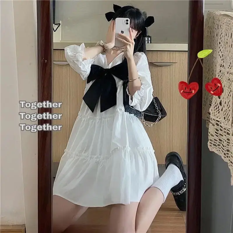 Dress Women V-neck Lovely Preppy Style Summer Sweet Lady Big-bow Design Cute Holiday Aesthetic Leisure Korean Vestidos Tender