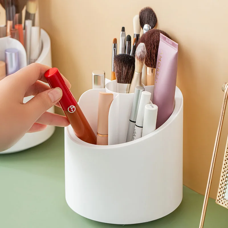 Multifunction 360° Rotating Pen Holder Pencil Makeup Brush Bucket Dust-proof Cosmetic Storage Box Compartment Desktop Organizer