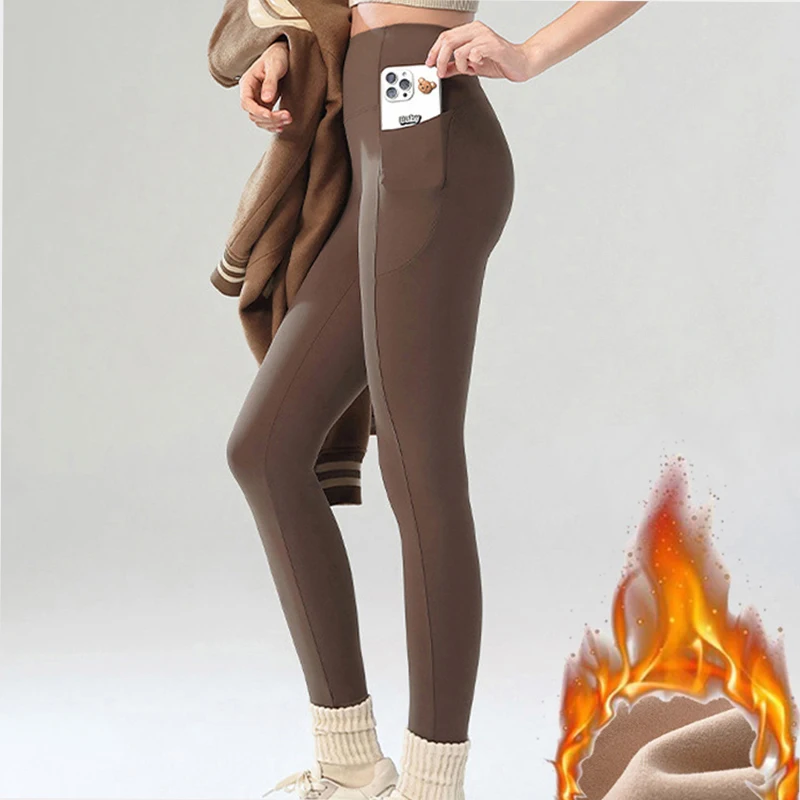 Autumn Winter Fleece Sharkskin Leggings Casual Basic Thicken Warm Leggings Hiking pants Brown Fleece Lined Tights