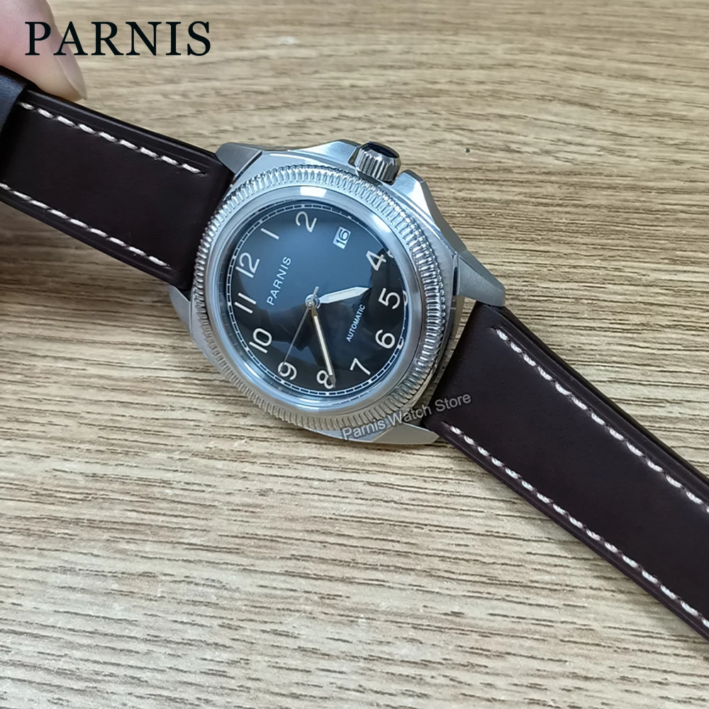 Parnis 41mm cristallo di zaffiro quadrante nero cinturino in pelle NH35 NH34 orologio meccanico automatico da uomo orologio da polso impermeabile da uomo