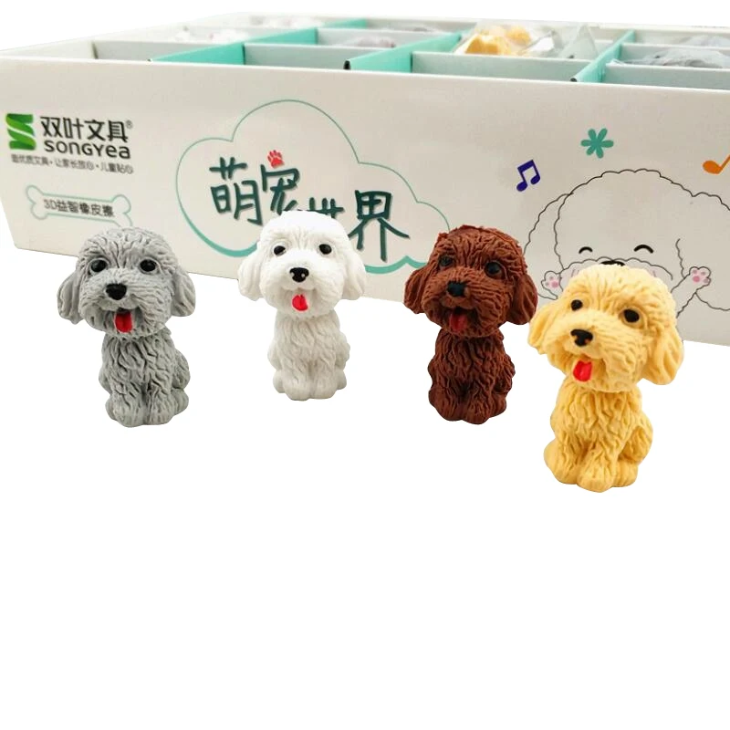 4pc/lot Kawaii Teddy dog eraser Cartoon animals pet rubber eraser can be put on the pen school supplies kids gifts