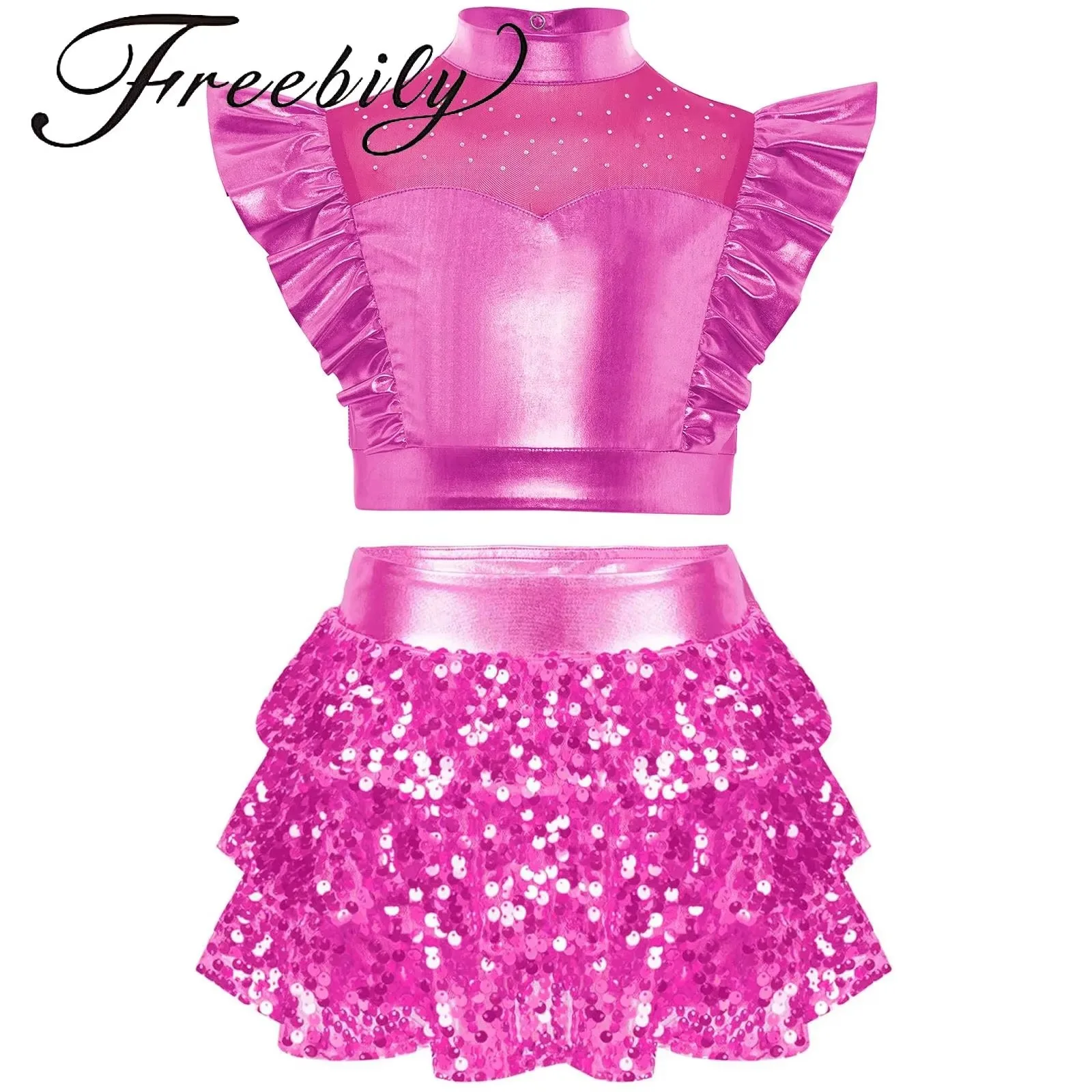 

Girls Hip-hop Jazz Dance Outfit Rhinestone Mesh Sleeveless Metallic Crop Top And Sequin Tiered Skirt Culottes Cheerleading Suit