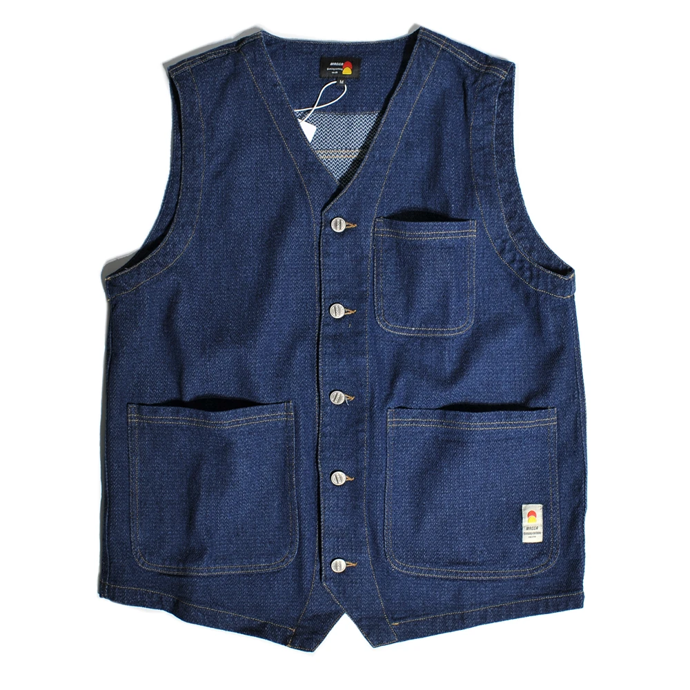 

American Retro Amekaji HK Style Gentleman Yuppie Handsome V-neck Denim Vest for Men Autumn Vintage 100% Cotton Pocket Workwear