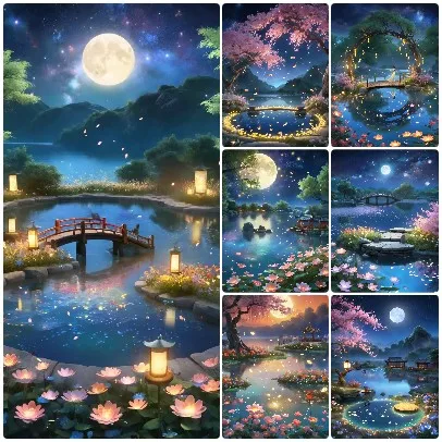 quebra-cabeca-de-ponte-antiga-a-beira-do-lago-com-sakura-lua-cheia-estrelada-e-azul-profundo-sonhador-petalas-flutuantes-e-lanterna-quente-para-uma-atmosfera-relaxante