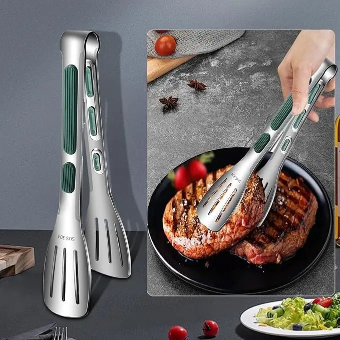 

2 Pcs Stainless Steel Kitchen Tongs, Food Tong with Non-Slip Silicone Tips and Grip for Serving, Cooking, Baking and BBQ - Heat Resistant Metal Tongs