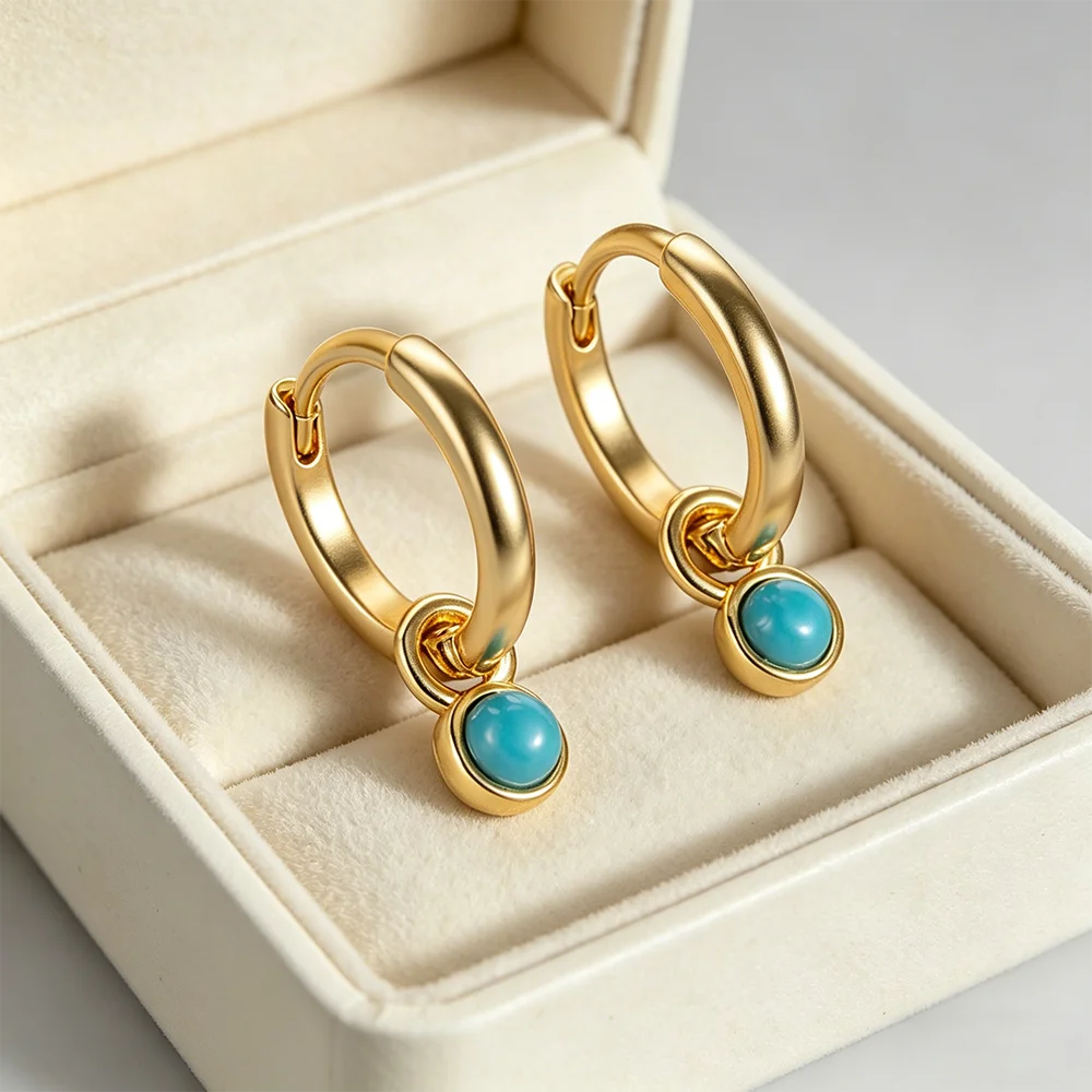 Solid Copper Vintage 14k Gold Plated Round Blue Turquoise Pendant Hoop Earrings For Women Party Daily Wear Jewelry Wholesale