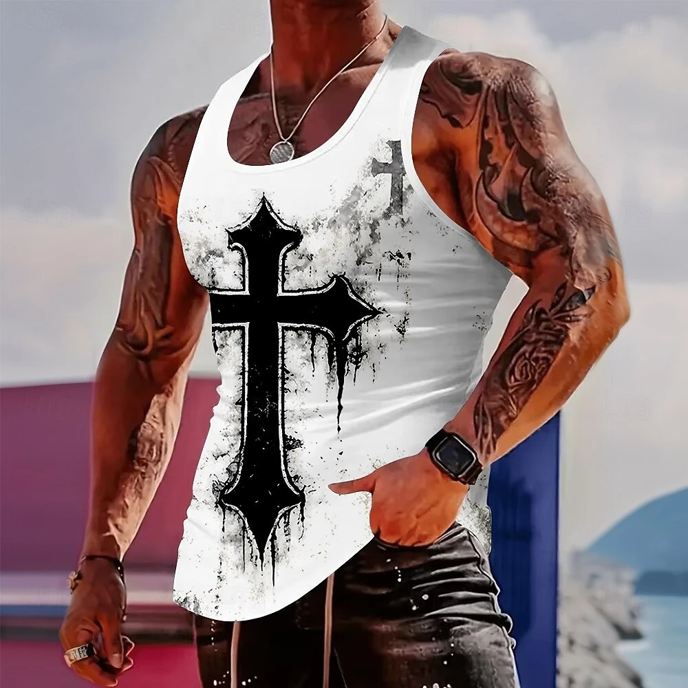 Funny 3D Cross Pattern Men's Tank Top Summer Quick Dry Breathable Loose Vest Casual Sleeveless Shirt Fashion Gym Sports T-Shirts