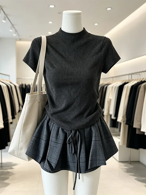

Summer New plus Size Women's Drawstring Bloom Skirt Set Half High Collar Short Sleeve Fashionable Korean Style Commute Wear
