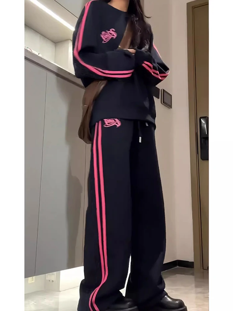 College Style Sports Set Women Spring Autumn Stripe Round Neck Pullover Baggy Wide Leg Pants Casual 2pcs Sets Korean Retro Suits