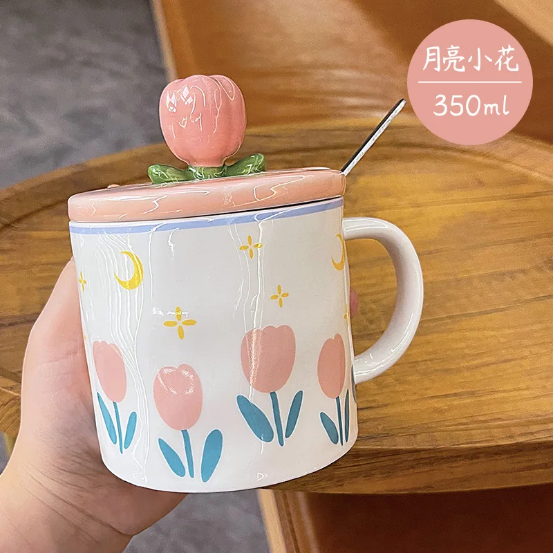 350ml Cute Tulip Water Cup Girl Heart Student Gift Ceramic Cups with Lid Spoon Office Mug High Appearanc Level To Go Coffee Cup