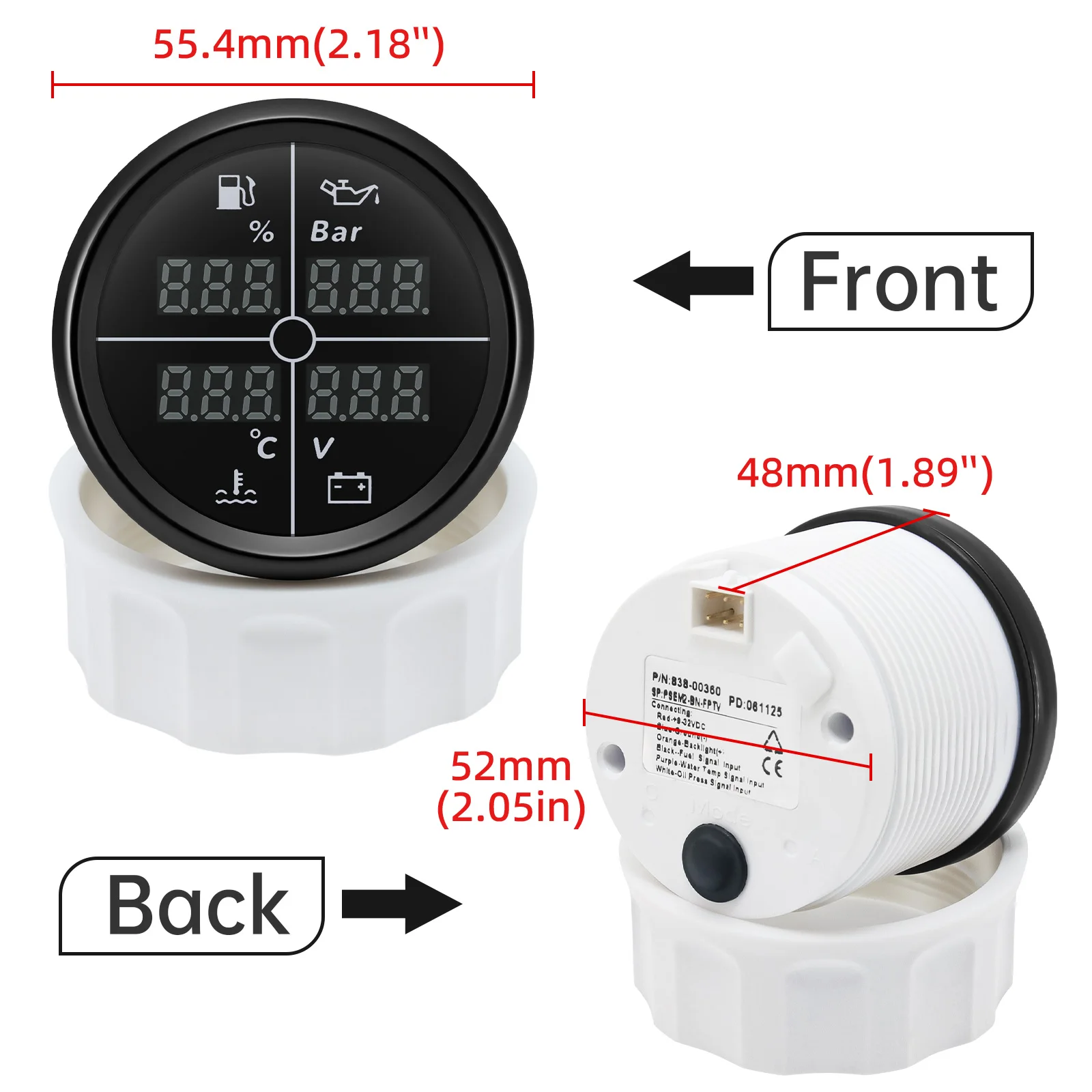 N Digital 52mm 85mm Car 4 in 1 Multifunction Gauge Fuel Level Oil Pressure Water Temp Meter Voltmeter with 8 colors Backlight