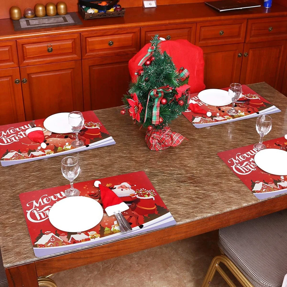 

4pcs Festive Christmas Placemats: Santa & Merry Christmas Design for Holiday Dining New Year home party decoration