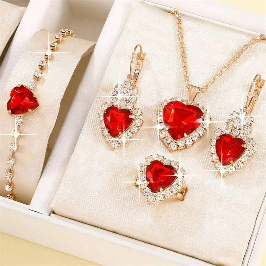

Red Heart Cubic Zirconia Jewelry Set for Women - Necklace, Earrings, Ring & Bracelet with Gold Tone
