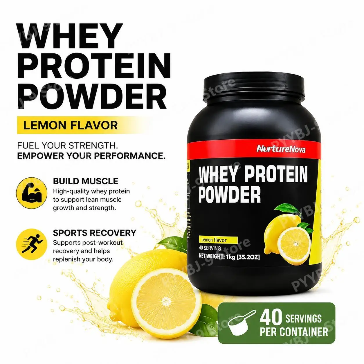 NurtureNova Whey Protein Powder Lemon Flavor Nutrition for Muscle Building Sports Recovery and Fitness Training 2LB 40 Servings
