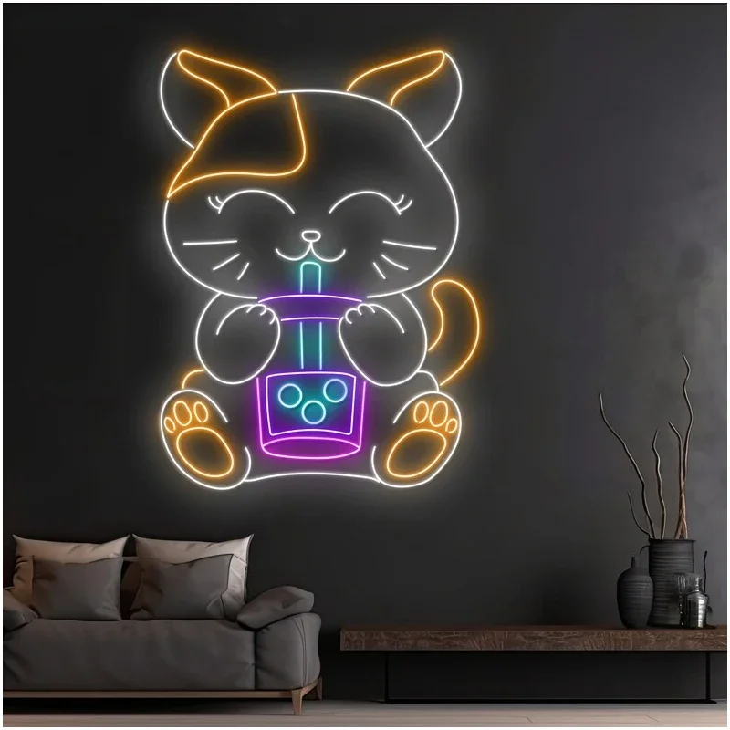 Milk Tea Cat Neon Sign Shop Neon Light Decoration Led Light Custom for Store Business Front Desk Decor Bar Wall Hangings Lights