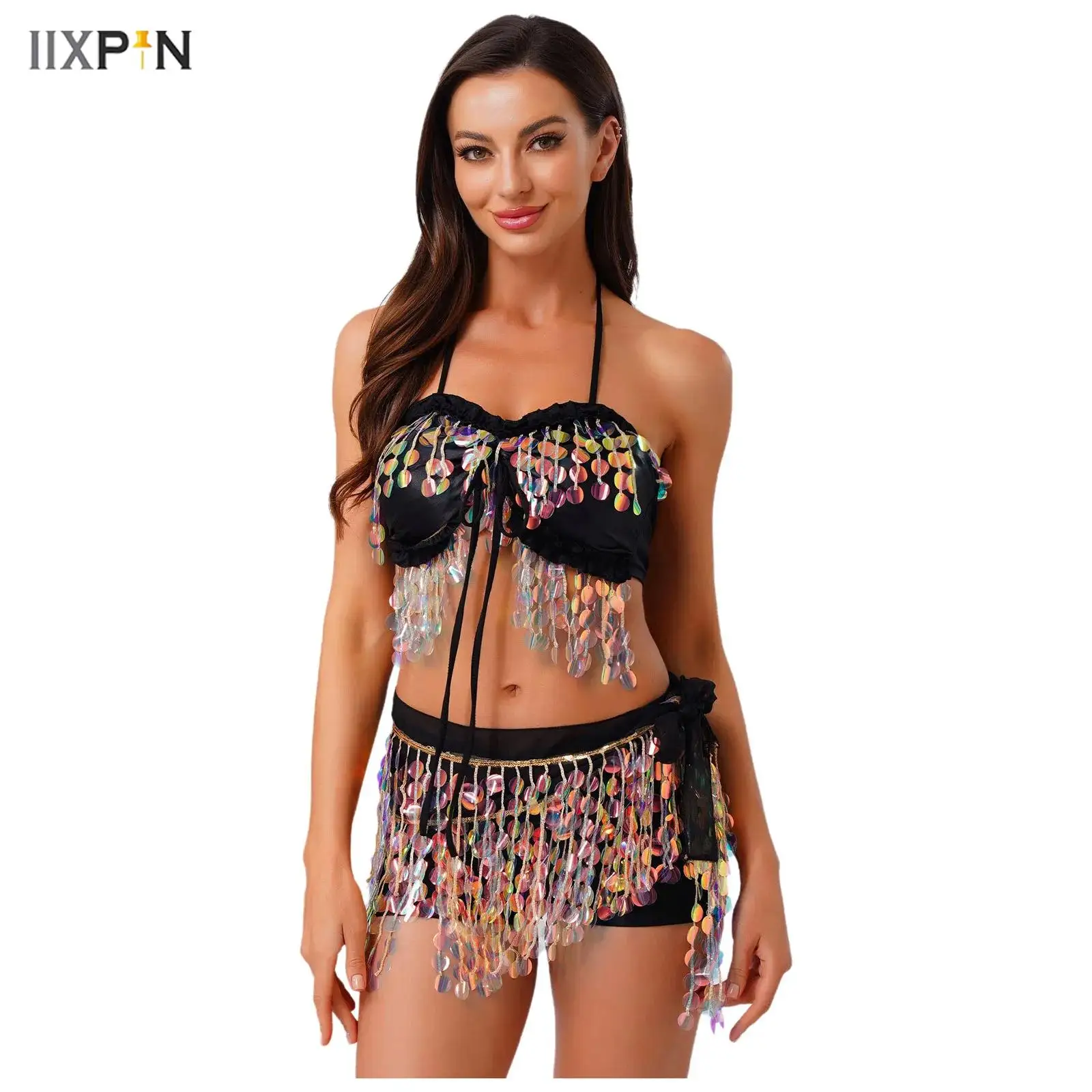 

Women's Gradient Sequin Tassel Latin Belly Dance Costume Halter Padded Crop Top+Tying Hip Scarf Skirt for Oriental Dance Class