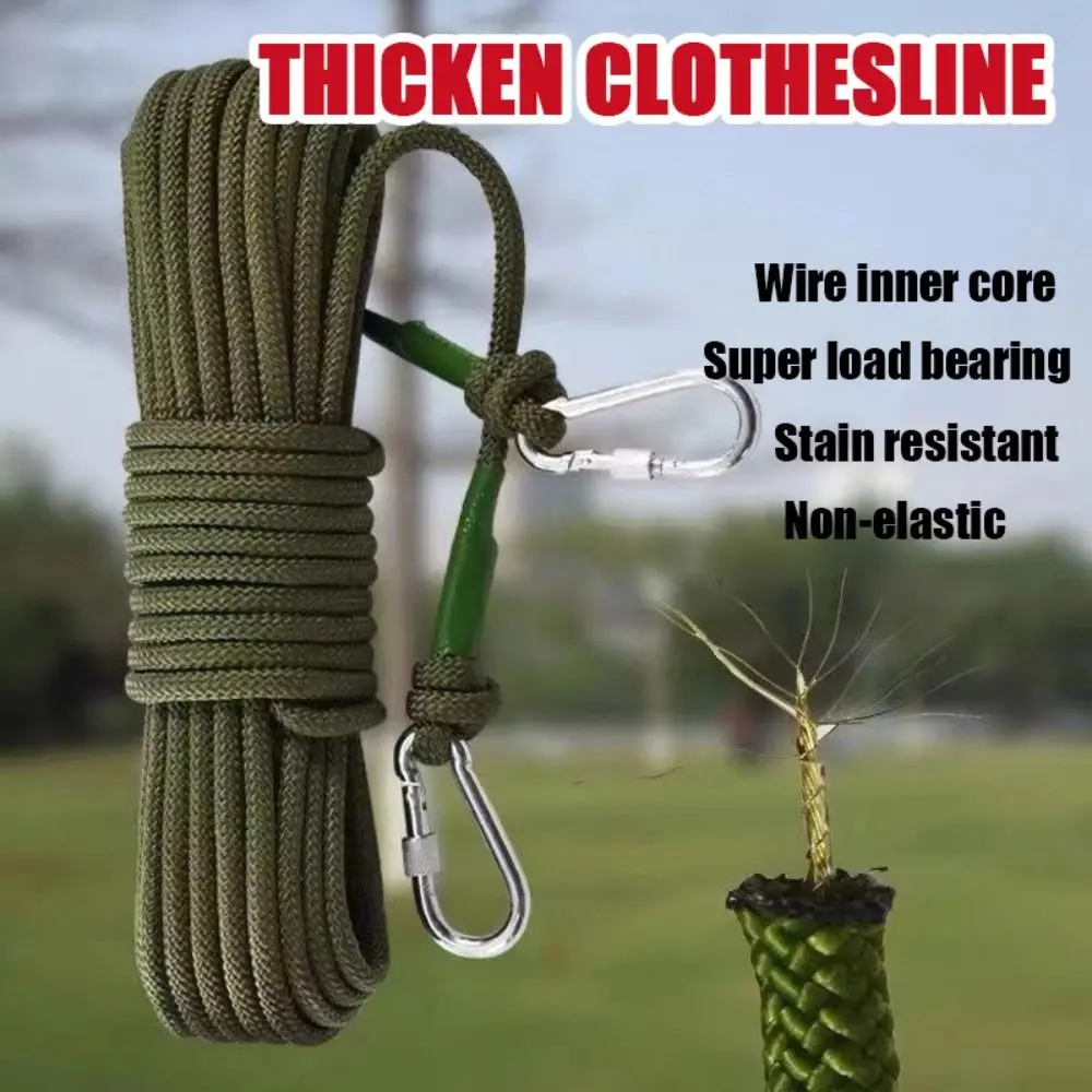 Portable 10M/20M Wire Rope Clothesline Thicken 8MM Clothes Drying Rope with 2 Hooks Windproof Laundry Hanging String Bathroom