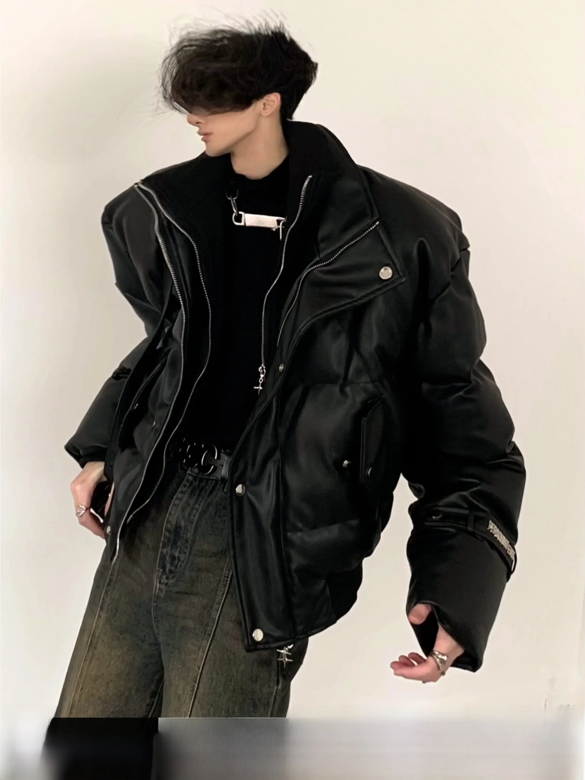 Men's Thickened Short High Collar Cotton Jacket Metal Design Autumn Mountain Wind Casual Warm Fashionable Youth Winter Coat