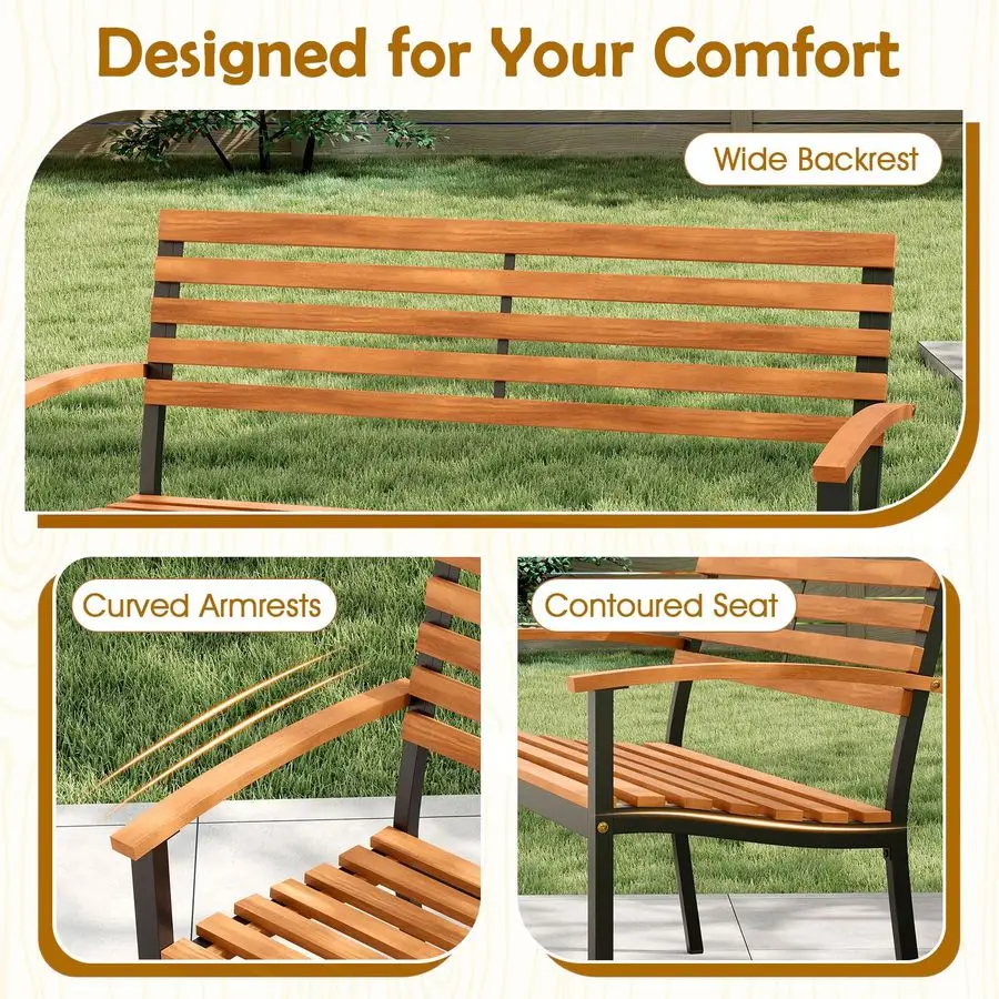 Giantex ม้านั่งกลางแจ้ง, ม้านั่งเล่นกลางแจ้งไม้อะคาเซียพร้อมที่นั่งพนักพิงแบบมีร่อง, ที่วางแขน, โครงโลหะสำหรับงานหนัก, ความจุ 800 ปอนด์