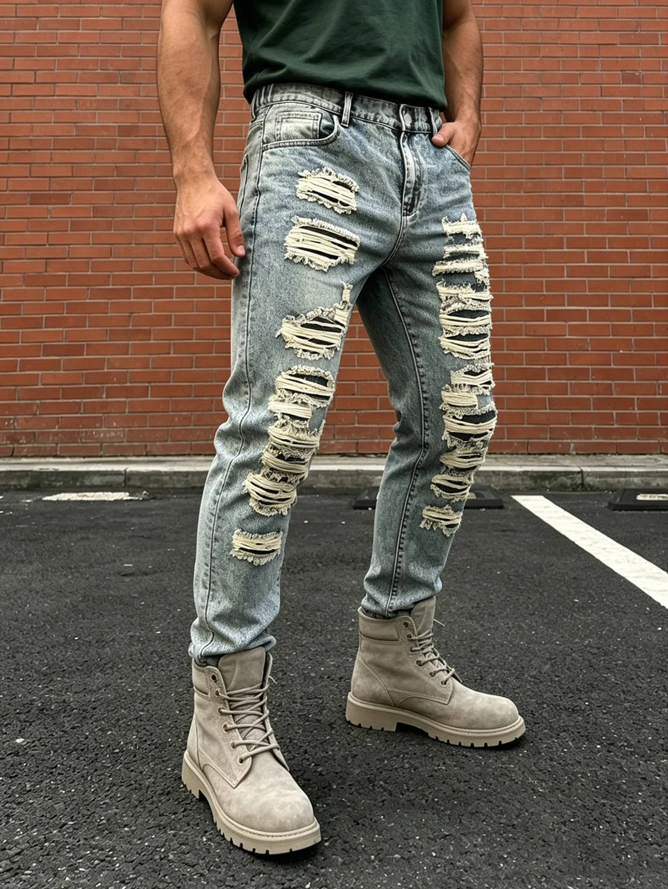 Plus size men's ripped gray blue washed jeans heavy industry multi-layer raw edge ripped straight trousers handsome trendy men view 4