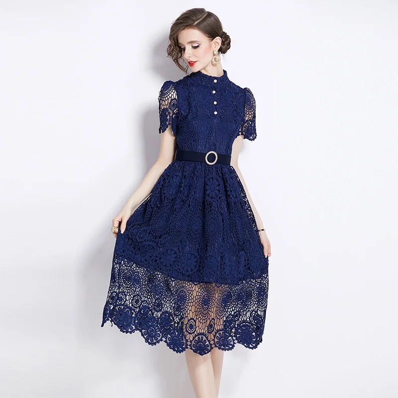 

New Summer Short Sleeve Water-Soluble Lace Party Dress High Quality Women Stand Collar Embroidery Hollow Out Sashes Midi Vestido