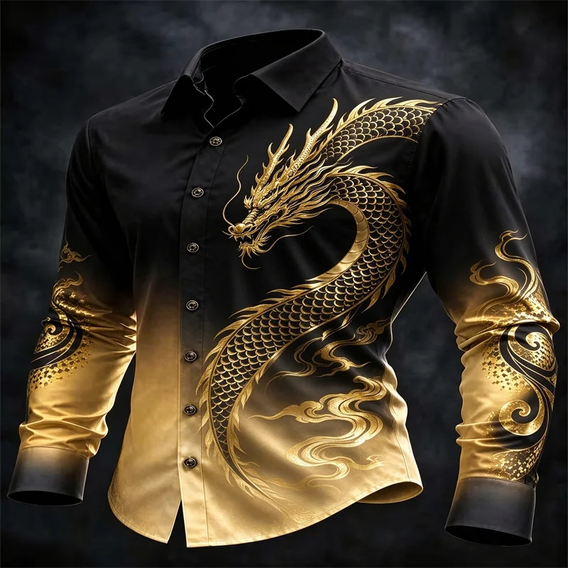 Men's Long Sleeve Shirt Black Gold Gradient Chinese Golden Dragon 3D Print Lapel Button Up Shirt Luxury Casual Party Dress Shirt