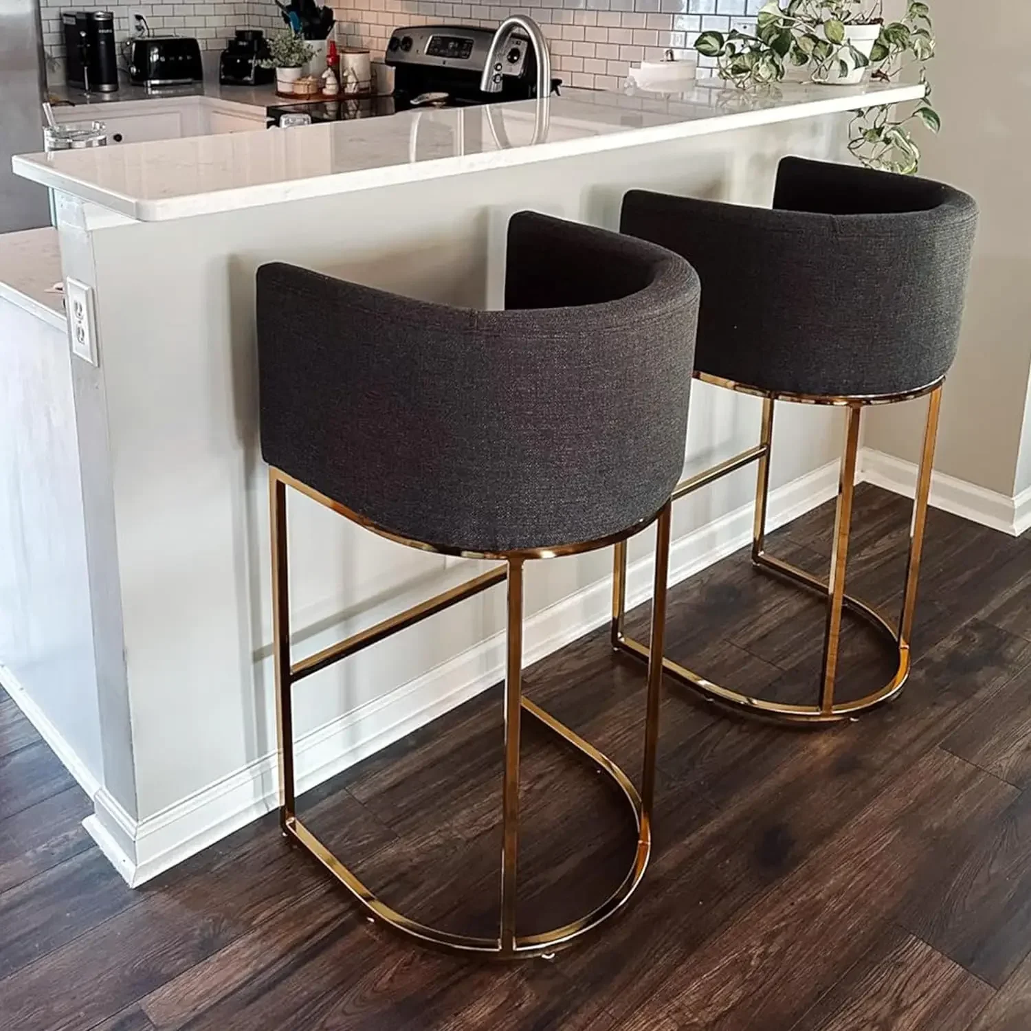 

-Modern Counter Height Linen Fabric Upholstered Counter Stool Set Of 4 29 Inch Kitchen Island Stool With Gold Metal Frame
