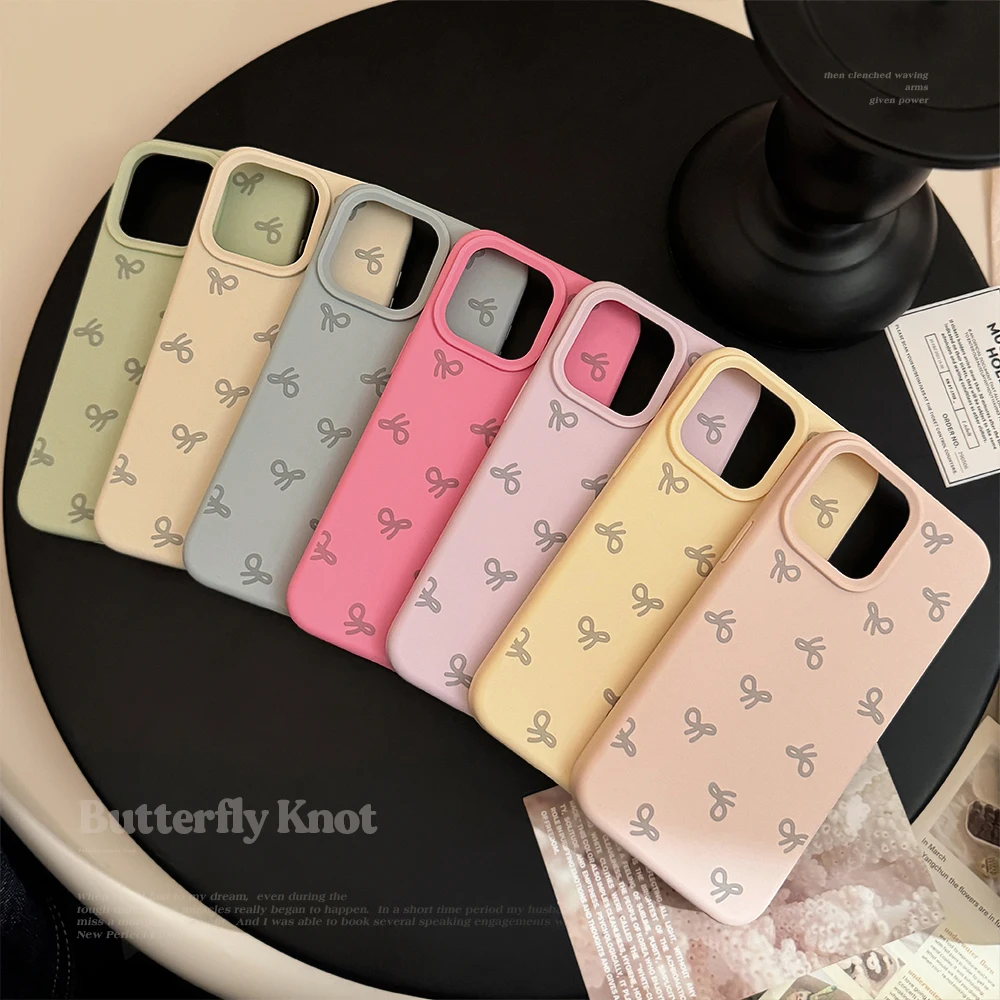 Ins Simplicity Macaron Color Series Full Screen Grey Bow, мягкий чехол для телефона для iPhone 16, 15, 14, 13, 12 Pro Max Plus