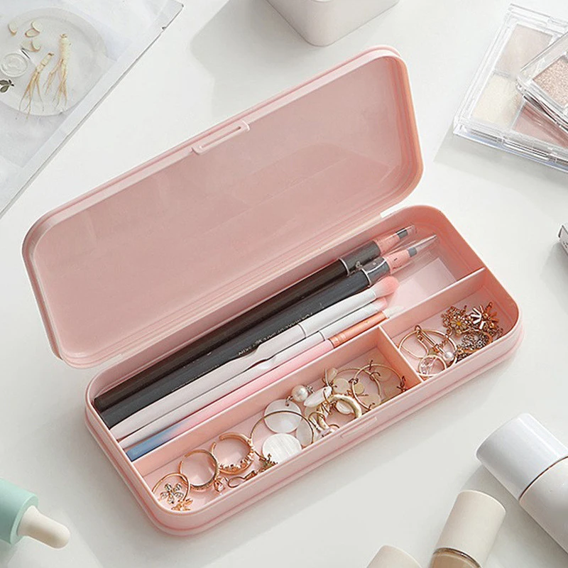 Portable Makeup Brush Organizer Eyebrow Pencil Jewelry Ring Earring Storage Box With Cover 3 Grid Student Desk Pen Holder