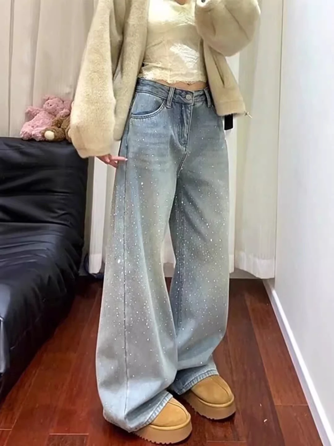 

Женские летние джинсовые брюки больших размеров свободного кроя с блестками, с высокой талией, широкими штанинами, длинные, в повседневном стиле, для повседневной носки, приятные к телу