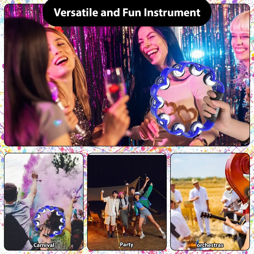 2PCS Double Row Jingles Hand Cranked Tambourine Non-Slip Grip ABS Metal Jingle Tambourine Blue Double Row Tambourine