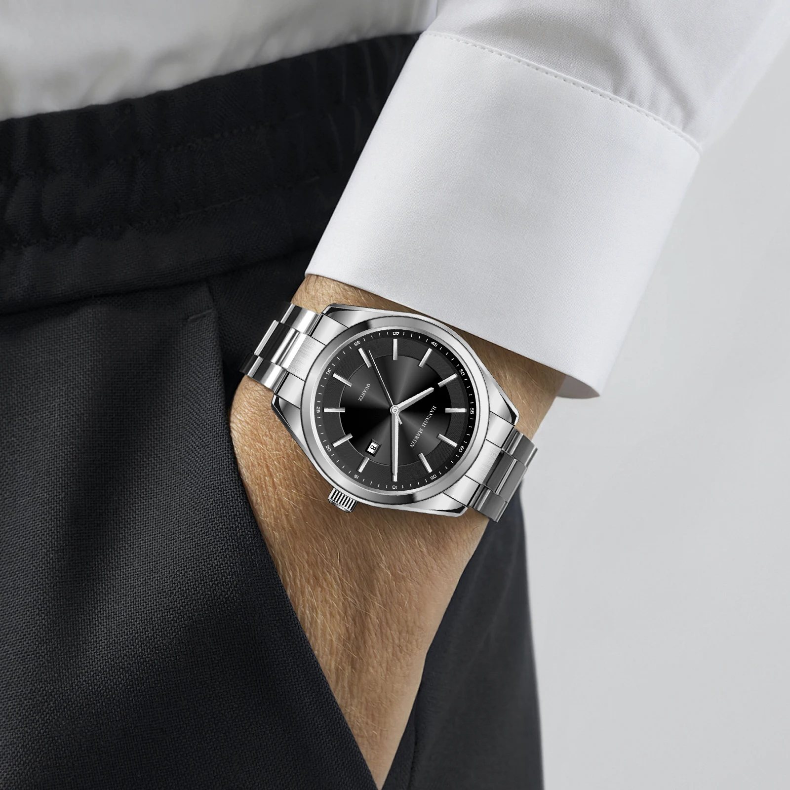 هانا مارتن العلامة التجارية الأعلى حركة يابانية حزام الفولاذ المقاوم للصدأ 40 ملم أسود 3Bar مقاوم للماء الأعمال الرياضية نمط ساعات كوارتز