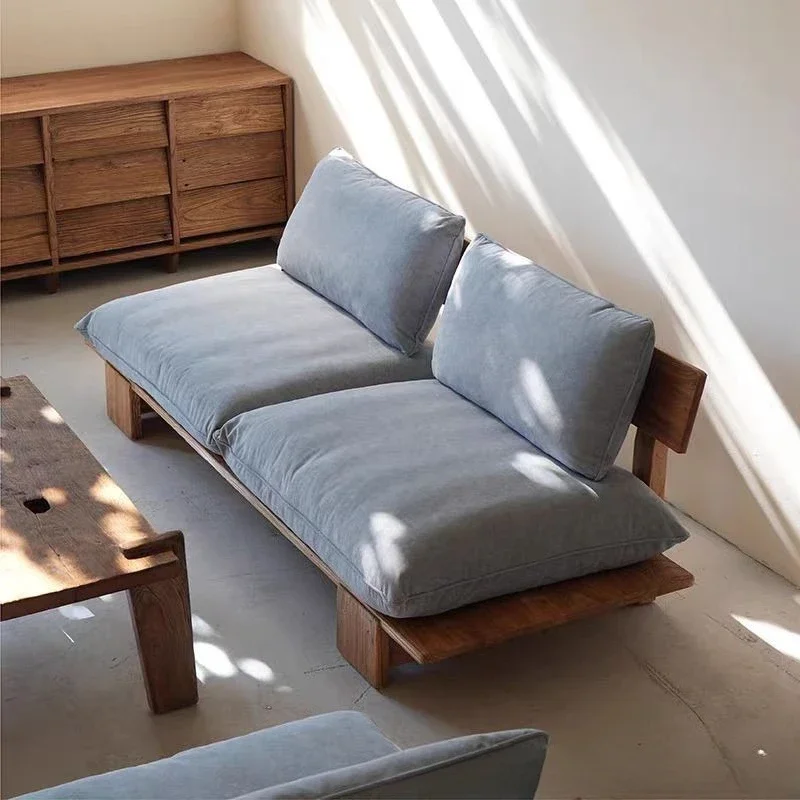 Japanese-style solid wood log old elm straight-row sofa combination double straight-row atmosphere three-person sofa chair