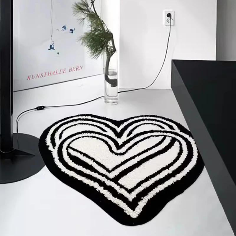 Black White Tufting Bedroom Rug Double Heart Shape Carpet Bathroom Mat Soft Bedside Floor Tidy Pad Doormat Aesthetic Home Decor