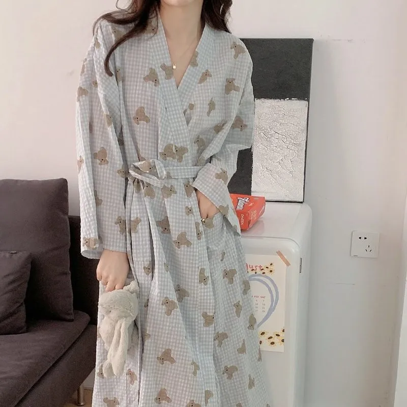 

Women's Long Sleeved Thin Spring and Summer Morning Gown, Checkered Teddy Bear, Loose and Comfortable Home Sleepwear, Bathrobe
