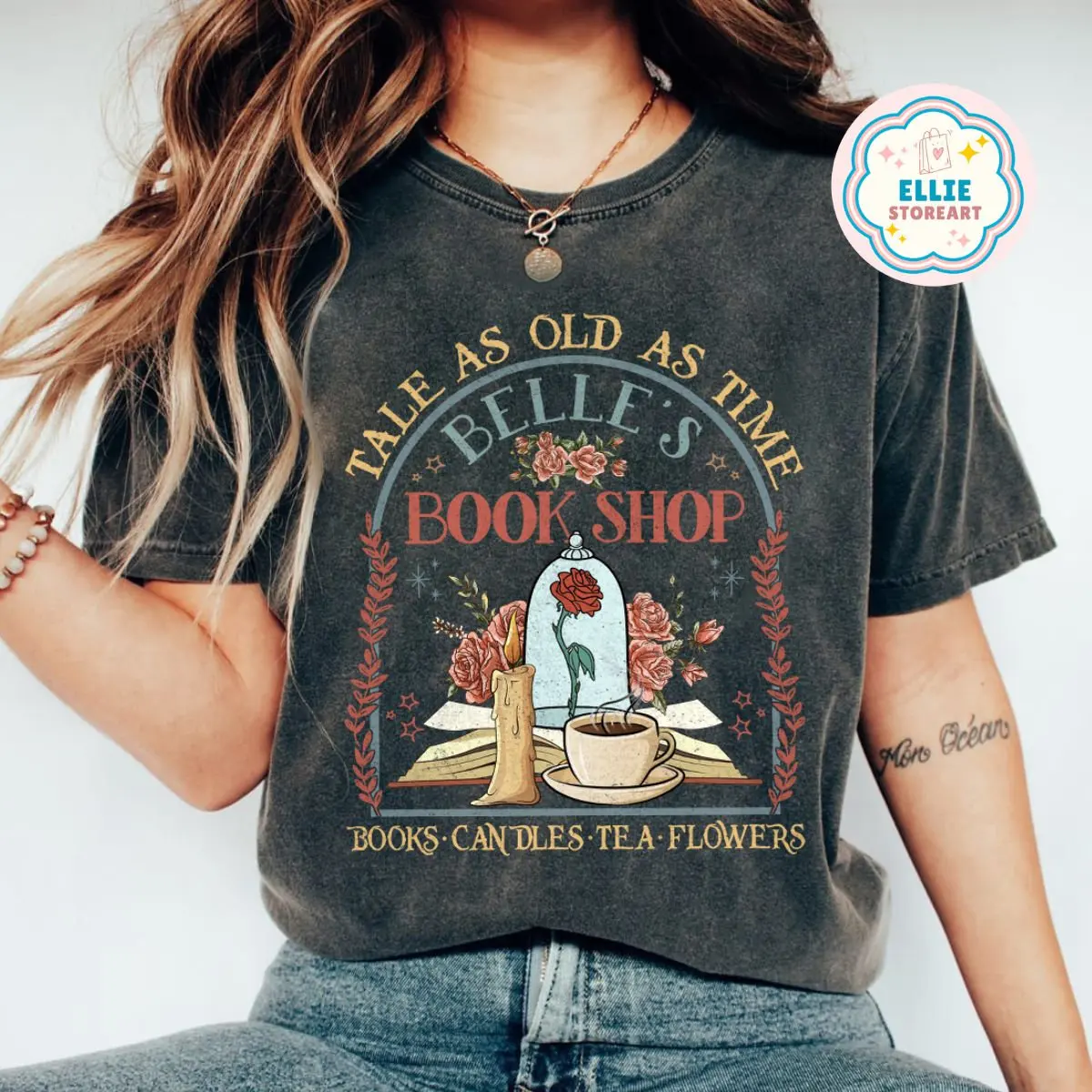 Vintage Elegance Rose Coffee Cup Candle Print Women T-shirt Retro Tale As Old As Time Belle's Book Shop Slogan Casual Girl Tee