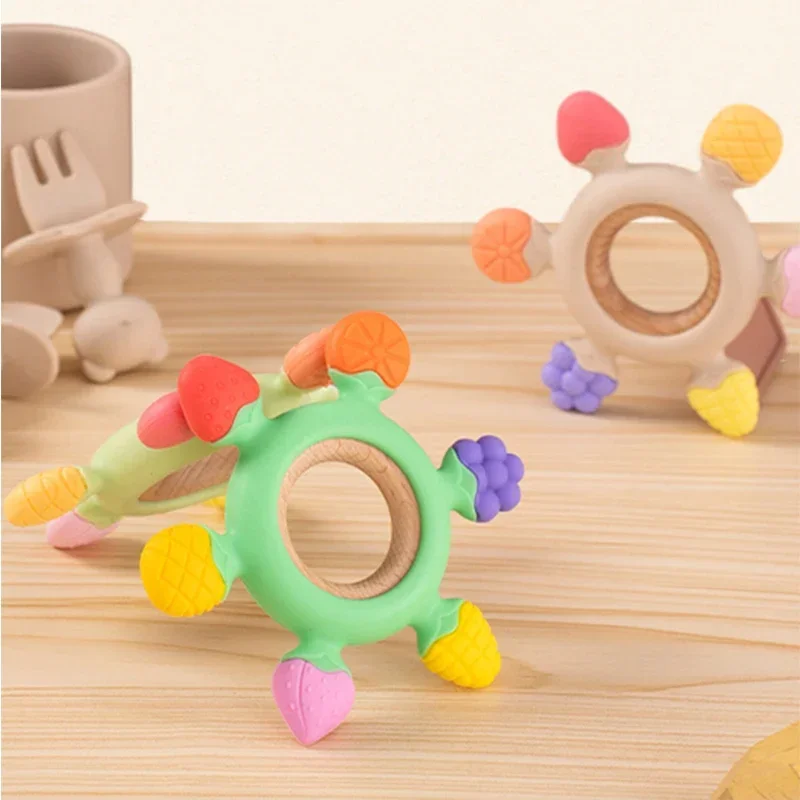 Baby Silicone Teethers with Wooden Ring Cartoon Fruit Rudder Shape Teething Toys BPA Free Infant Chewing Nursing Toy Baby Stuff